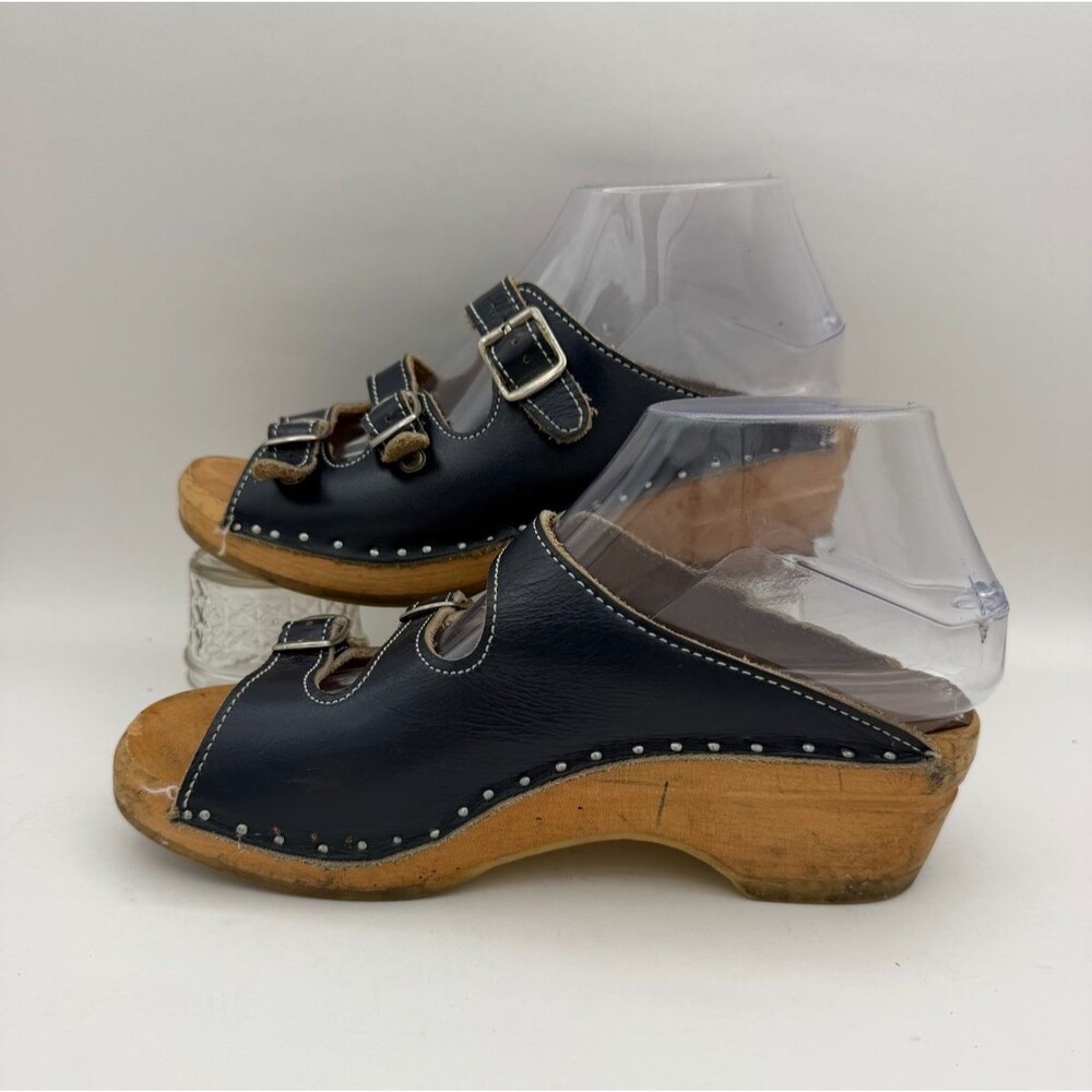 BASTAD Original Swedish Wooden Clogs Leather Triple Buckle Sandals EU 37 US 6.5
